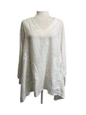 Stijfselkissie Womens Size L White Linen Tunic Long-Sleeve Top Asymmetrical